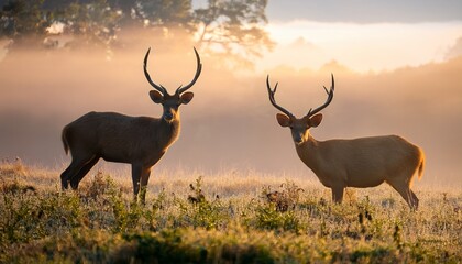 sambar deer in the misty morning wallpaper landscape image