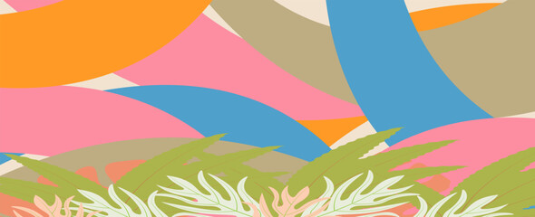 Tropical bright colorful background with exotic painted tropical palm leaves. Minimal fashion summer concept. Flat lay.