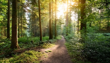 Obraz premium sunlight streams through dense forest illuminating the serene path
