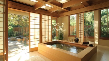 Fototapeta premium Luxurious indoor/outdoor spa with wooden features