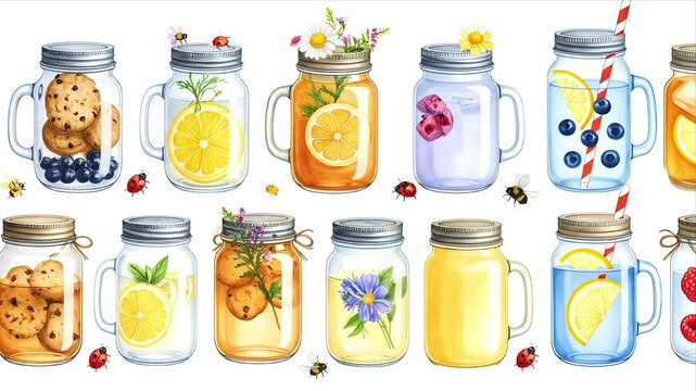 Mason jars with treats and flowers with bees and ladybugs