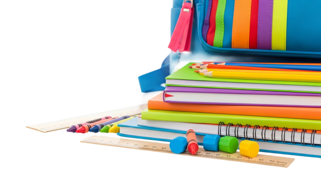 Colorful School Supplies Stack Isolated on a Transparent Background PNG Books, Crayons, Pencils, and Ruler