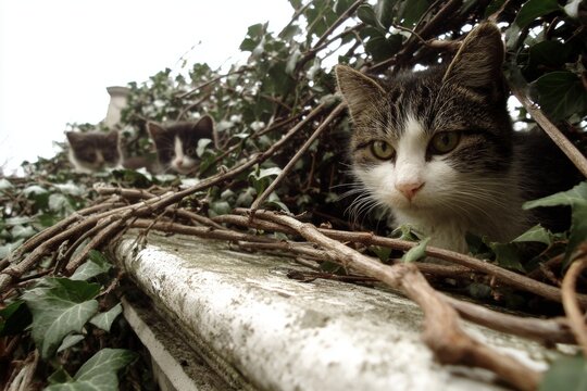 Emotional rescue: cats freed from ivy with volunteer help. Pet care. Neutering call intensifies after cats found in perilous conditions. Garden discovery. Futuristic care.