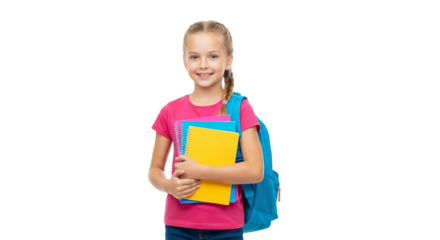 Happy Schoolgirl with Backpack and Books Ready for Class