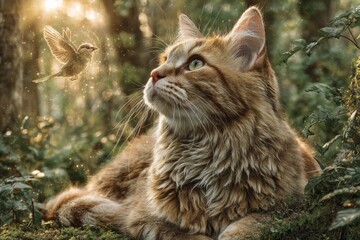 Cat's daydream: captivating holographic bird in sunbeam. Vr adventure. When you're not looking: cats master the art of selfies in absence. Sleepy scene. Feline photos.