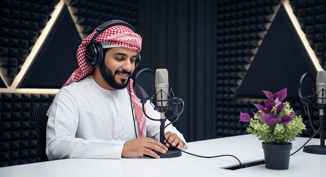 Arab Man Podcasting in Studio