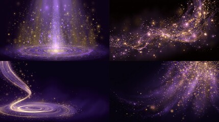 Four vibrant digital art pieces feature swirling, ethereal light trails of gold and purple hues