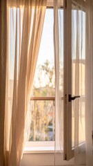 Open White Window Frame with Sheer Curtain in Warm Light Overlooking Balcony
