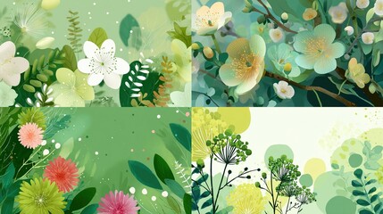 Four vibrant floral compositions in shades of green, featuring stylized flowers, leaves, and delicate details