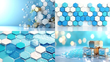 Four abstract compositions with blue, white, and gold geometric shapes in honeycomb patterns. Bubbles and water droplets add texture