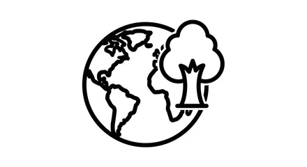 Line art illustration of the Earth with a tree growing from it, symbolizing environmental conservation and sustainability.