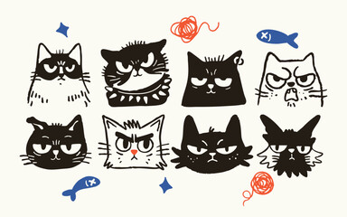 Funny Cartoon Cat Faces Vector – Cute Hand Drawn Angry Kittens Doodle Style Illustration Set