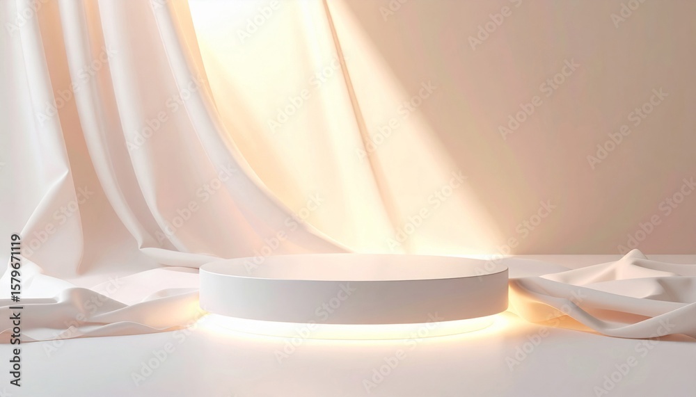 Fototapete illuminated white product podium with elegant drape in clean studio setting