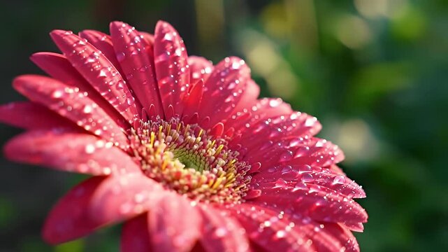 Vibrant Pink Gerbera Daisy with Water Droplets and Blurred Green Bokeh Background