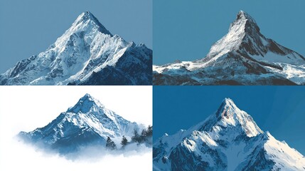 A quadriptych shows four stylized mountain peaks, each with varying levels of snow and atmospheric effects