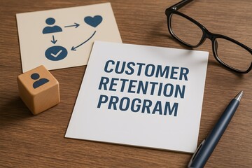 Customer retention program card beside flow icon of user and heart. Long term loyalty engagement concept.
