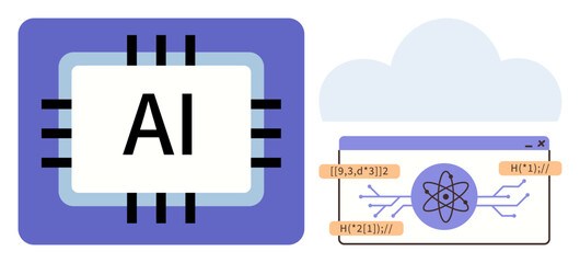AI processor chip with cloud representation and neural network interface in browser window. Ideal for AI, machine learning, cloud computing, data science, innovation, deep learning, simple landing