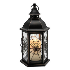 A spooky halloween lantern with spiderweb design and a glowing candle inside. Perfect for holiday decorations and festive displays.