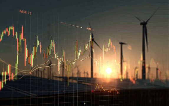 Renewable energy investment graph sunset farm. Possible use Stock photo