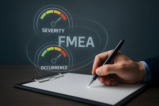 A pen hovers above a blank clipboard as holographic gauges show fmea severity and occurrence levels. concept of proactive risk assessment