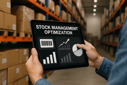 An individual diligently reviews data visualization related to stock management, while standing in a well-organized storage warehouse, symbolizing efficiency and control.