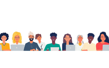 Diverse group of professionals of varying ages collaborating on business objectives isolated on transparent background PNG