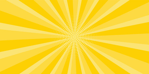 Yellow abstract background with light of sunburst. yellow starburst with halftone. sun ray retro background with flash