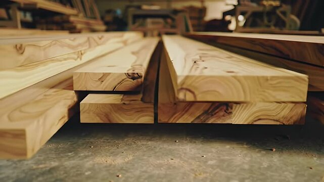 Detailed Wood Planks Stacked Featuring Grain Texture Background in Soft Light at Workshop for Adobe Stock Photo