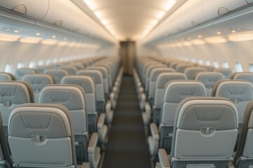 Fototapeta premium Airplane Cabin Interior Showing Empty Seats in a Tranquil Setting with Soft Lighting Reflecting Modern Travel Comfort and Spaciousness