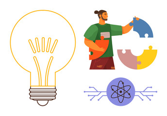 Large light bulb icon, man assembling colorful puzzle pieces, atomic symbol with circuit lines. Ideal for creativity, problem-solving, innovation, education, teamwork, science and connection