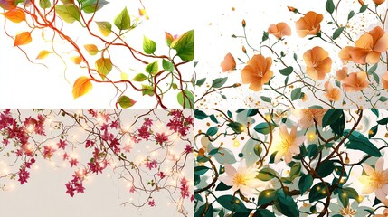 Four sections of stylized vine illustrations with leaves and flowers on light backgrounds