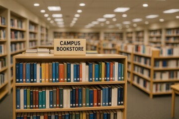 Fototapeta premium Campus Bookstore Interior Featuring Shelves of Colorful Books in a Busy Academic Environment for Educational and Library Settings