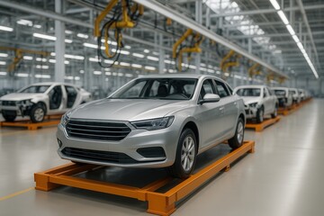 Obraz premium Modern Car Manufacturing Assembly Line with Robotic Arms and New Vehicles in Production Facility