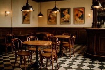 Vintage Bistro Interior with Wooden Furniture and Classic Lighting in Warm Cozy Atmosphere