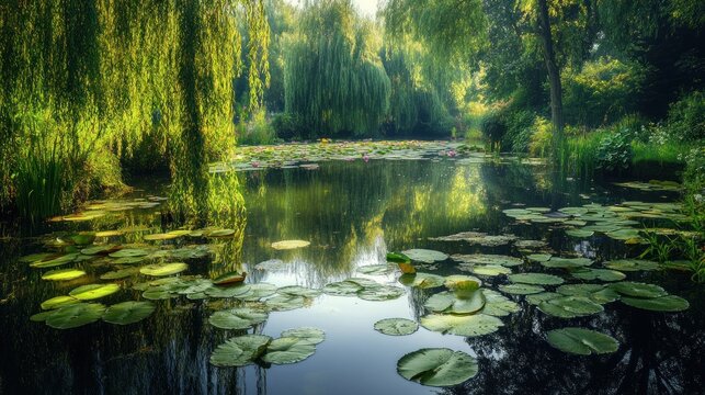 Serene pond in a lush garden
