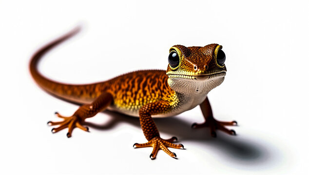 A vibrant orange gecko with large black eyes and intricate patterned skin poses on a clean white background - Powered by Adobe