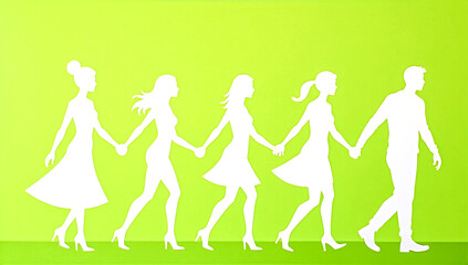 Fototapeta premium Diverse group of people holding hands and walking forward together in silhouette against a bright green background