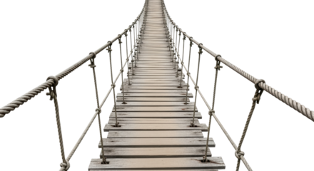 A rope suspension bridge with wooden planks for crossing. Can be used to represent challenges, risk, or adventure.