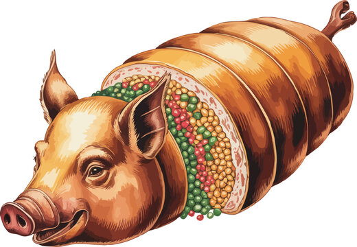 A watercolor illustration of a traditional Colombian lechona, showing a golden, roasted whole pig stuffed with rice, peas, and spices, sliced open to reveal the savory filling,