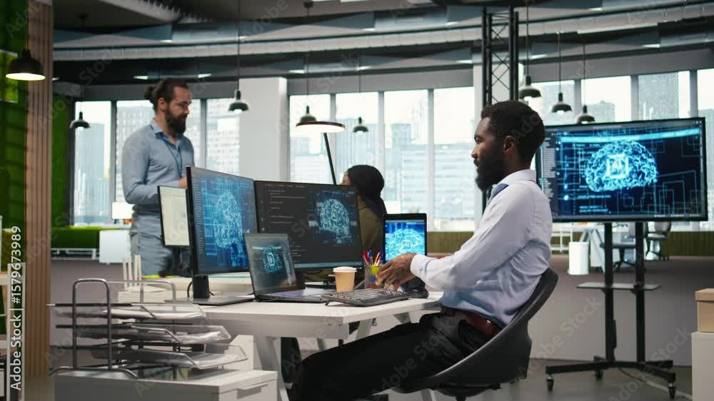 Poster admin in office relies on ai machine learning to run tasks across multiple devices, monitoring progr