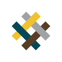 Abstract geometric representation featuring interwoven colorful lines in shades of brown, yellow, gray, and blue on a white background, symbolizing interconnectedness and design aesthetics