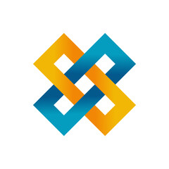 Abstract geometric design showcasing an interconnected pattern in gradients of blue and orange, symbolizing connection, innovation, and creativity with vibrant colors and dynamic visual appeal