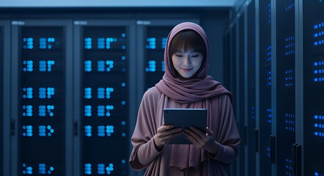 Woman in hijab using tablet in server room - Powered by Adobe