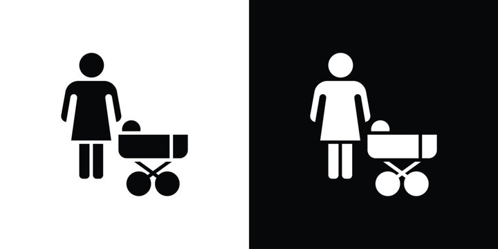 Woman with Baby Stroller icon Flat Solid Style in black and white colors. Vector eps10.