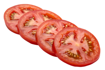 Fresh red tomato slices are arranged against a black background, showcasing their vibrant color and texture for culinary use.