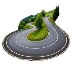 A winding road curves through a lush, green hillside. The road is surrounded by trees and grass.