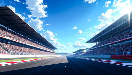 Obraz premium A sun drenched racing circuit with grandstands filled with spectators under a bright blue sky with fluffy clouds