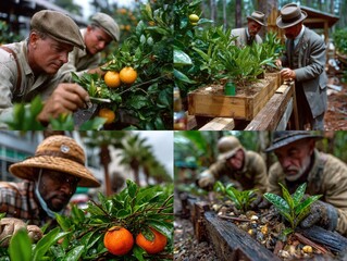 Four vintage images showcase men, some wearing hats, tending to citrus trees and seedlings in various environments