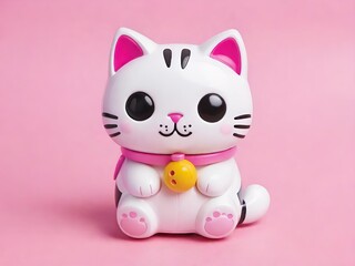 Cute white cat figurine with black stripes, pink ears, and a yellow bell collar, sitting against a soft pink background.