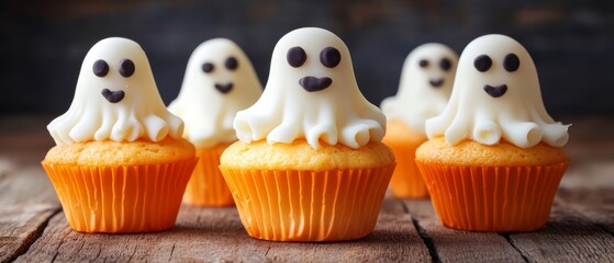 Adorable Halloween ghost cupcakes, beautifully decorated and ready to delight guests at a festive Halloween party.
